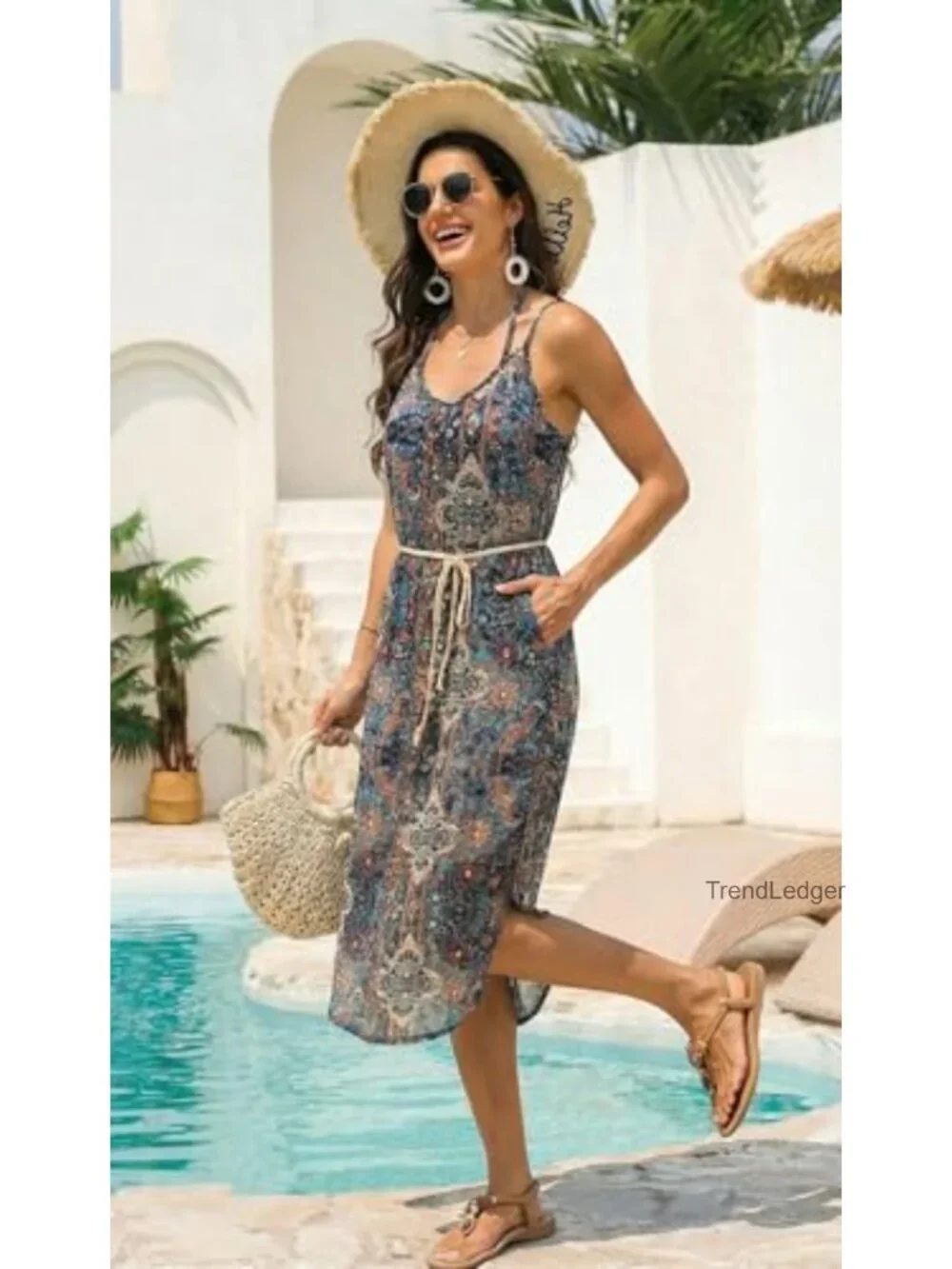 Spaghetti Strap V Neck Beach Cover Up Dress with Pockets